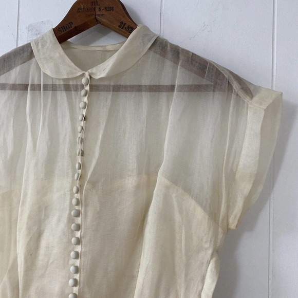 1950s Sheer Eyelet Embroidered Organza Party Dress Rounded Collar Satin Buttons - Picture 12 of 12